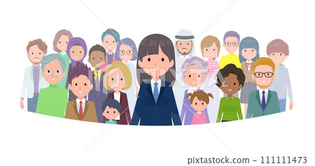 A set of female students in navy blue blazers standing in front of a crowd 111111473