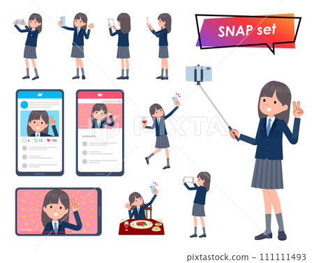 一群穿著海軍藍色西裝外套的女學生用智慧型手機拍照 111111493