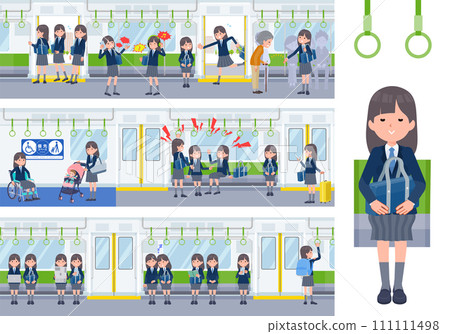 A set of female students in navy blue blazers riding a train A set of female students in navy blue blazers riding a train 111111498