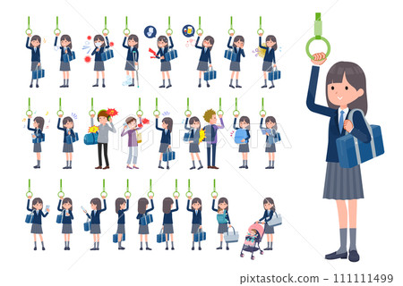 A set of female students in navy blue blazers riding a train A set of female students in navy blue blazers riding a train 111111499