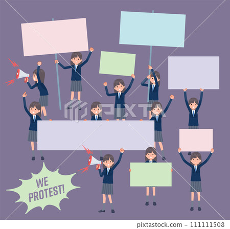 A set of female students in navy blue blazers protesting at a demonstration A set of female students in navy blue blazers protesting at a demonstration 111111508