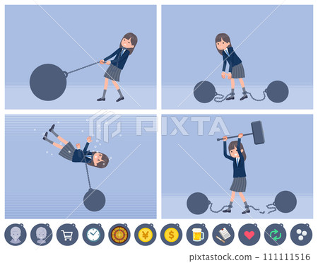 A set of female students in navy blue blazers connected to weights 111111516