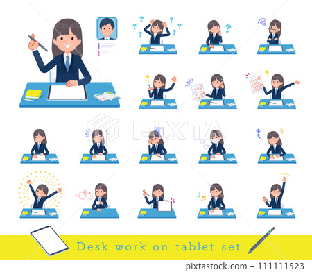 A set of female students in navy blue blazers learning on tablet devices A set of female students in navy blue blazers learning on tablet devices 111111523