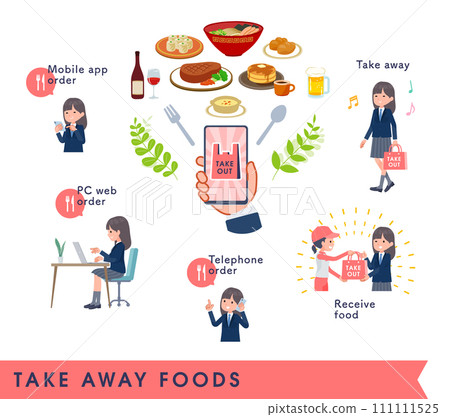 A set of female students in navy blue blazers taking takeout 111111525