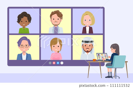 A set of female students in navy blue blazers having a video chat with multiple people 111111532