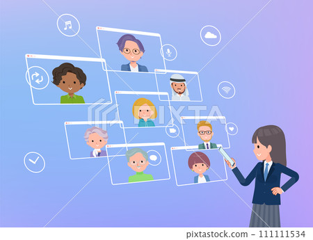 一群身穿海軍藍色西裝外套的女學生使用智慧型手機進行線上交流 一群身穿海軍藍色西裝外套的女學生使用智慧型手機進行線上交流 111111534