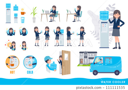 A set of a water server and a female student in a navy blue blazer. Vector art that is easy to edit. 111111535