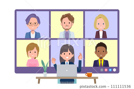 A set of female students in navy blue blazers having an online meeting with multiple people. front angle 111111536