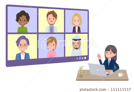 A set of female students in navy blue blazers having an online meeting with multiple people. depth angle 111111537