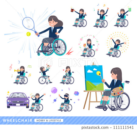 Set of navy blue blazer female student riding in a wheelchair Set of navy blue blazer female student riding in a wheelchair 111111541