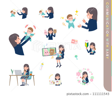 A set of female students in navy blue blazers communicating with babies A set of female students in navy blue blazers communicating with babies 111111543