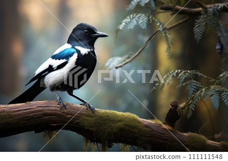 Beautiful magpie on tree branch in a tranquil forest. Nature and wildlife. Blurred background. Black and white plumage of a bird. Ornithology. Postcard, banner, poster, print, cover. Beautiful magpie on tree branch in a tranquil forest. Nature and wildlife. Blurred background. Black and white plumage of a bird. Ornithology. Postcard, banner, poster, print, cover. 111111548