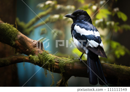 Beautiful magpie on tree branch in a tranquil forest. Nature and wildlife. Yellow green blurred background. Black and white plumage of a bird. Ornithology. Postcard, banner, poster, print, cover. 111111549