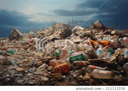 Large pile of garbage and discarded items under stormy sky. A landfill with cans, bottles and other trash. Ideal for waste management, environmental or pollution-related content 111111550