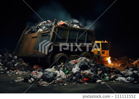 Garbage truck unloading trash at a landfill. Suitable for environmental or waste management purposes Garbage truck unloading trash at a landfill. Suitable for environmental or waste management purposes 111111552