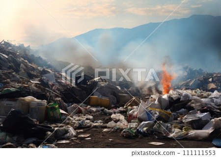 Large pile of garbage and discarded items under a stormy sky. Landfill with cans, bottles, and other trash. Ideal for waste management, environmental or pollution-related content 111111553