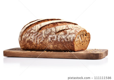 Rye Bread on white background. Freshly baked golden brown loaf of bread with a crispy crust. Made from organic whole grain rye flour. Healthy food. For bakery, food blog, recipe book, cafe restaurant 111111586