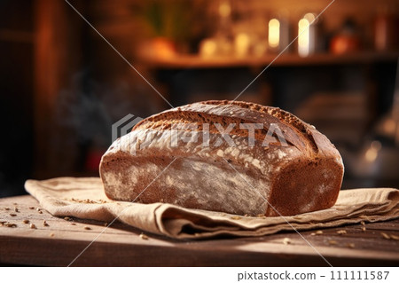 Rye Bread on wooden table against backdrop of a blurred kitchen. Freshly baked loaf of rye bread with crispy crust. Made from organic whole grain rye flour. For bakery, food blog, recipe book, cafe. 111111587