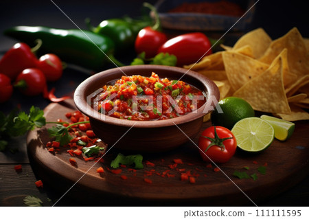Salsa in bowl, served with tortilla chips and vegetables on wooden table. Traditional Mexican dish. On dark background. Ideal for food advertisements, culinary blogs, recipe, cookbooks, food magazines Salsa in bowl, served with tortilla chips and vegetables on wooden table. Traditional Mexican dish. On dark background. Ideal for food advertisements, culinary blogs, recipe, cookbooks, food magazines 111111595