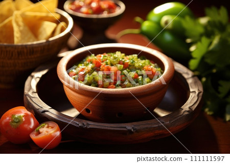 Salsa in bowl, served with tortilla chips and vegetables on wooden table. Traditional Mexican dish. On dark background. Ideal for food, restaurant advertisements, culinary blogs, recipe websites. Salsa in bowl, served with tortilla chips and vegetables on wooden table. Traditional Mexican dish. On dark background. Ideal for food, restaurant advertisements, culinary blogs, recipe websites. 111111597