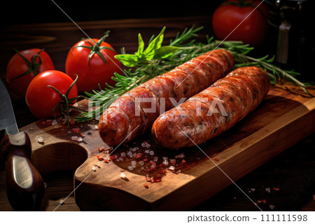 Grilled sausages accompanied by cherry tomatoes and spices on a wooden board. Suitable for food magazines, cooking shows, and gastronomy social media posts. 111111598