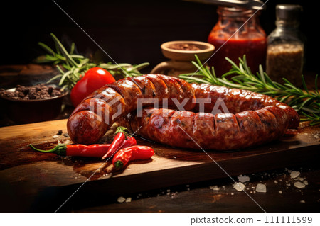 Grilled sausages with cherry tomatoes and spices presented on a wooden board. Perfect for cookbooks, food advertisements, and recipe websites. 111111599