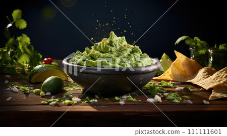 Guacamole. A snack made from avocado pulp with tomatoes, cilantro, vegetables, lime and spices. Traditional Mexican dish. On dark background. For food blog, restaurant, cafe, menu, cookbook Guacamole. A snack made from avocado pulp with tomatoes, cilantro, vegetables, lime and spices. Traditional Mexican dish. On dark background. For food blog, restaurant, cafe, menu, cookbook 111111601