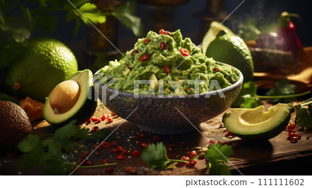 Guacamole. A snack made from avocado pulp with tomatoes, cilantro, vegetables, lime and spices. Traditional Mexican dish. On dark background. For food blog, restaurant, cafe, menu, cookbook Guacamole. A snack made from avocado pulp with tomatoes, cilantro, vegetables, lime and spices. Traditional Mexican dish. On dark background. For food blog, restaurant, cafe, menu, cookbook 111111602