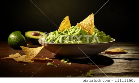 Guacamole. A snack made from avocado pulp with tomatoes, cilantro, vegetables, lime and spices. Traditional Mexican dish. On dark background. For food blog, restaurant, cafe, menu, cookbook Guacamole. A snack made from avocado pulp with tomatoes, cilantro, vegetables, lime and spices. Traditional Mexican dish. On dark background. For food blog, restaurant, cafe, menu, cookbook 111111603