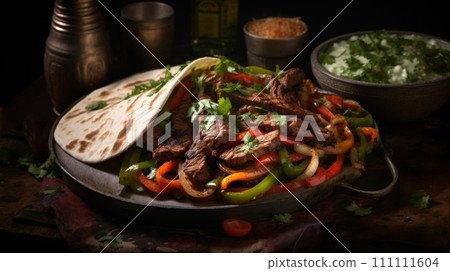 Fajitas with beef and colorful bell peppers, served in skillet with tortillas. On dark background. Traditional Mexican dish. Grilled meat with vegetables. For food blog, restaurant, menu, cookbook Fajitas with beef and colorful bell peppers, served in skillet with tortillas. On dark background. Traditional Mexican dish. Grilled meat with vegetables. For food blog, restaurant, menu, cookbook 111111604
