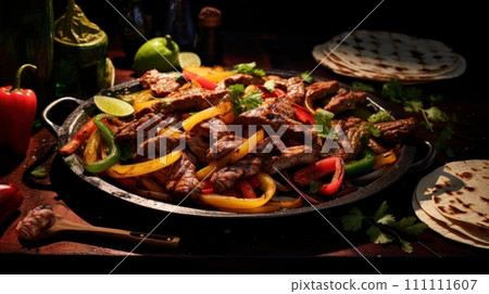 Fajita with beef and colorful bell peppers, served in skillet with tortillas. On dark background. Traditional Mexican dish. Grilled meat with vegetables. For food blog, restaurant, menu, cookbook 111111607