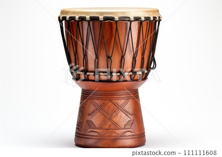 Djembe drum on white background. Traditional percussion musical instrument of African culture. Suitable for musical design, article, blog, social media post, album cover, poster. Horizontal format. 111111608