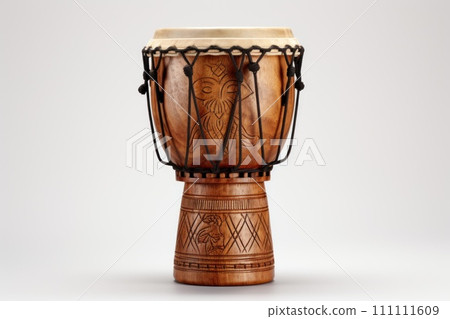 Djembe drum on white background. Traditional percussion musical instrument of African culture. Suitable for musical design, article, blog, social media post, album cover, poster. Horizontal format. 111111609