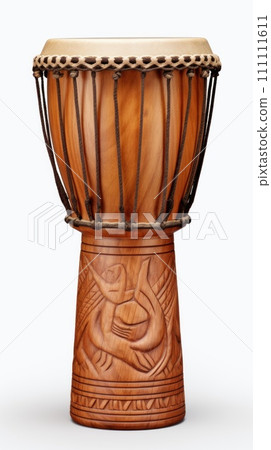 Djembe drum on white background. Traditional percussion musical instrument of African culture. Suitable for musical design, article, blog, social media post, album cover, poster. Vertical format. 111111611