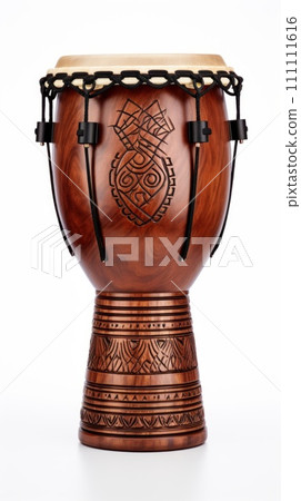 Darbuka drum on a white background. Traditional percussion musical instrument of Arabian culture. Suitable for musical design, article, blog, social media post, album cover, poster. Vertical format. 111111616