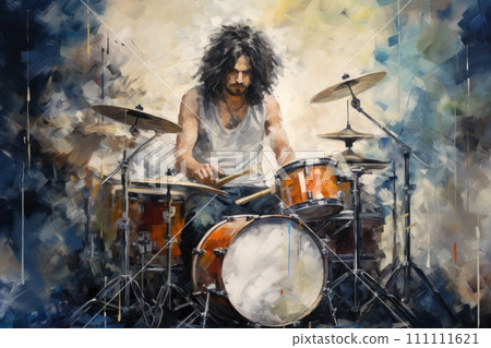 Drummer playing a drum set. Abstract illustration in style of oil painting, rough brush strokes. Male musician plays rhythm on drums. Ideal for album covers, posters or other music-related designs. 111111621