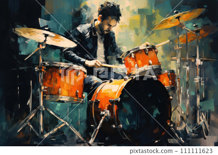 Drummer playing drum set. Abstract illustration in style of oil painting, rough brush strokes. Male musician plays rhythm on drums. Ideal for album covers, posters, or other music-related designs. Drummer playing drum set. Abstract illustration in style of oil painting, rough brush strokes. Male musician plays rhythm on drums. Ideal for album covers, posters, or other music-related designs. 111111623