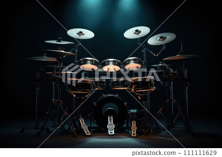 A drum set on stage illuminated by blue lights ready to perform. Drum kit on dark background. Ideal for music-related content. Musical percussion instrument. 111111629