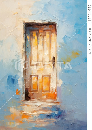 Door in wall. In style of oil painting. Metaphorical associative card on theme of Choice, door to the unknown, exit. Psychological abstract picture. Postcard, wall decoration, book illustration. Door in wall. In style of oil painting. Metaphorical associative card on theme of Choice, door to the unknown, exit. Psychological abstract picture. Postcard, wall decoration, book illustration. 111111632