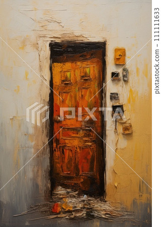 Door in wall. In style of oil painting. Metaphorical associative card on theme of Choice, door to the unknown, exit. Psychological abstract picture. Postcard, wall decoration, book illustration. 111111633