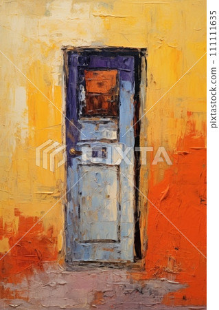 Door in wall. In style of oil painting. Metaphorical associative card on theme of Choice, door to the unknown, exit. Psychological abstract picture. Postcard, wall decoration, book illustration. 111111635