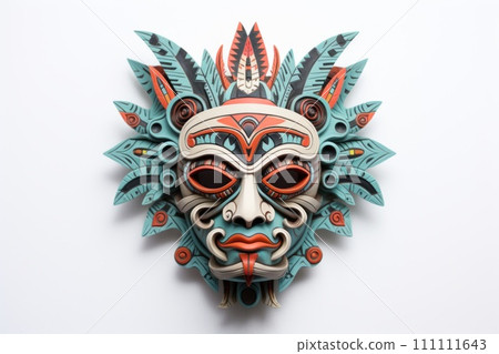 Carnival mask for the festival. Aztec traditional ceremonial mask on white background. Warrior mask. Tribal totem. Traditions and customs of the ancient Aztecs. Travel souvenir. Carnival mask for the festival. Aztec traditional ceremonial mask on white background. Warrior mask. Tribal totem. Traditions and customs of the ancient Aztecs. Travel souvenir. 111111643