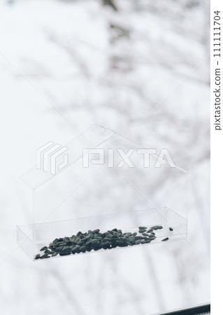 empty transparent bird feeder with seeds on the window, against a background of snow, close-up empty transparent bird feeder with seeds on the window, against a background of snow, close-up 111111704