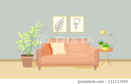 Living room interior with furniture, table, sofa and home flowers, lamp, posters on the wall 111111930
