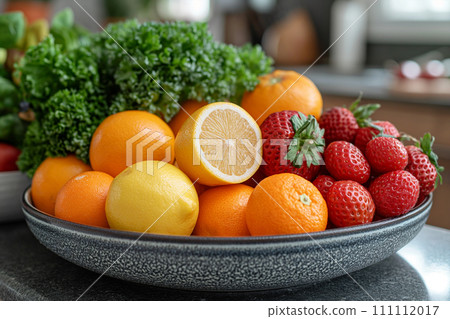 Fruits and vegetables by kitchen utensil on kitchen island. Fruits and vegetables by kitchen utensil on kitchen island. 111112017