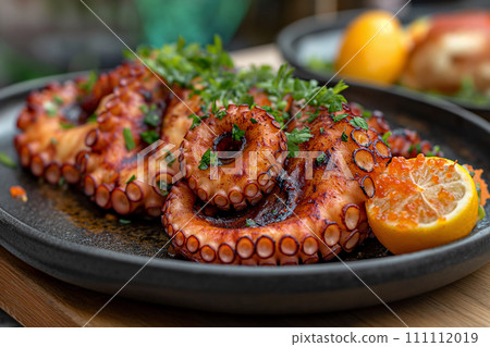Fried octopus sea food delicacy. 111112019