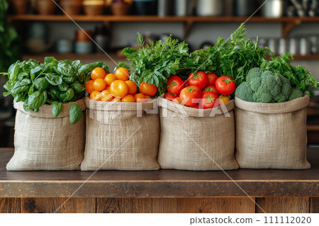 Fresh vegetables in reusable bags on the table at home. Fresh vegetables in reusable bags on the table at home. 111112020