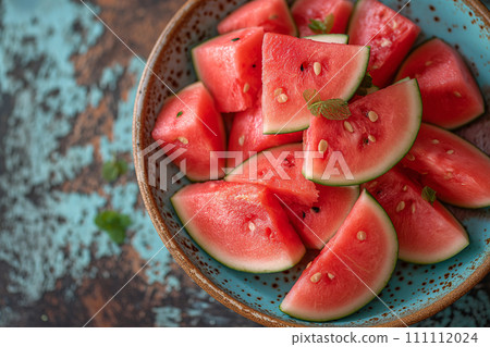 Sliced watermelon on a blue plate. 111112024