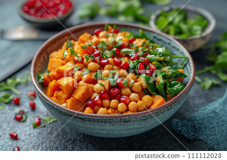 A bowl of vegan curry with red lentils and sweet potatoes. 111112028