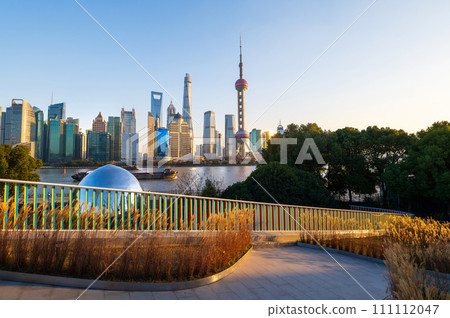 Shanghai sunset at the North Bund with epic skyline 111112047